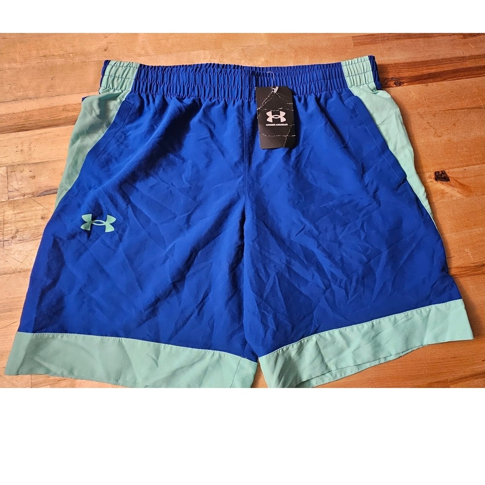 Under Armour Boys Blue Woven Shorts Mint Green Trim Athletic YXL 1370669-400 NEW